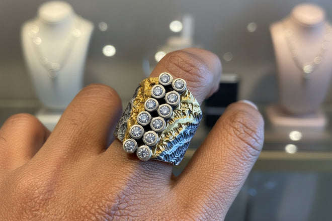 Handmade Ring in Textured Sterling Silver with 24-Carat Gold