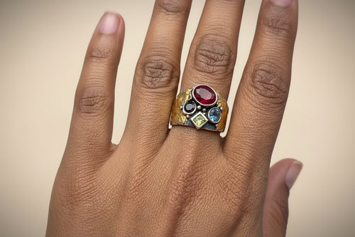 Handmade Ruby, Sapphire & Peridot Statement Ring in 24K Gold & Sterling Silver