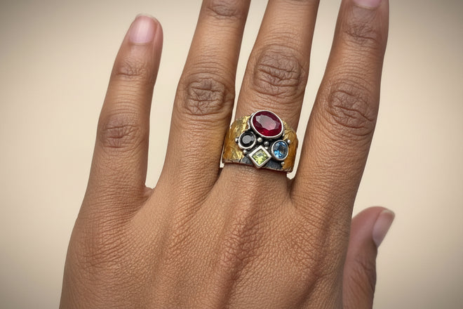 Handmade Ruby, Sapphire & Peridot Statement Ring in 24K Gold & Sterling Silver