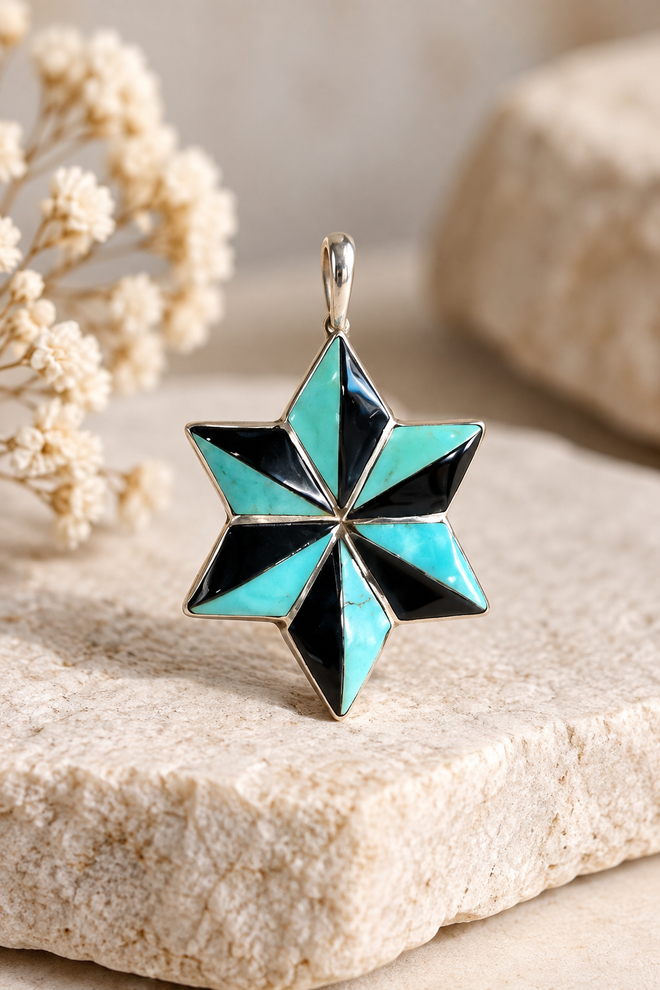 Zuni Kingman Turquoise & Black Jade Star Pendant – Sterling Silver