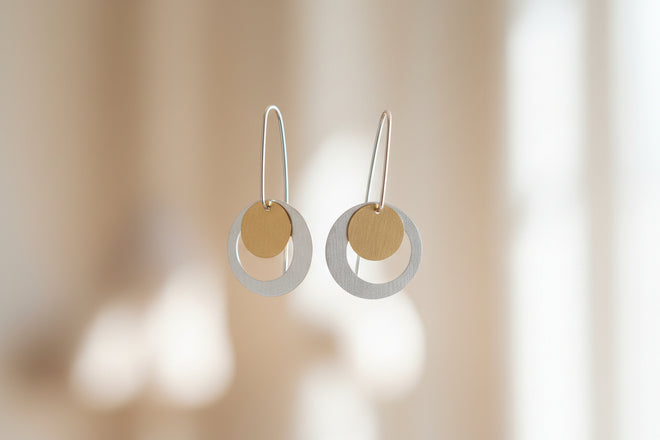 Two Circle Sterling Silver Earrings - Gold & White