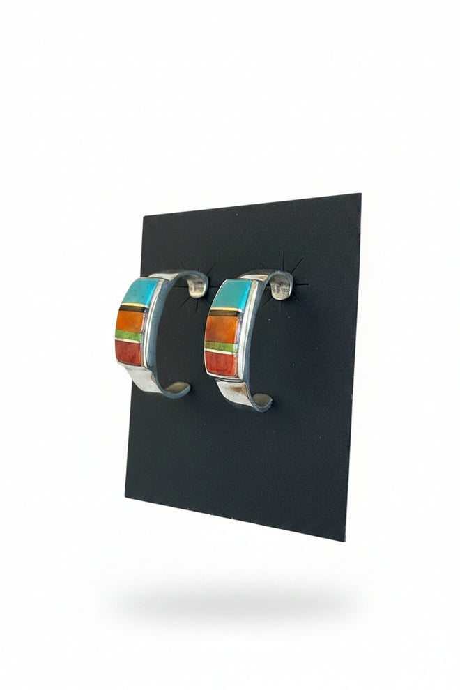 Multi Stone Sterling Silver Half Hoop Post Earrings - Navajo Handmade