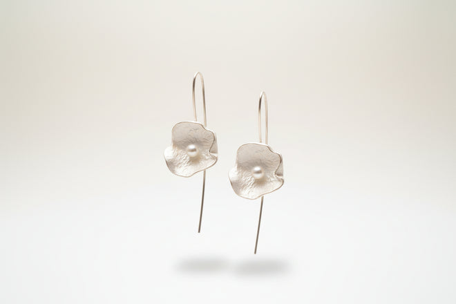 Handmade Sterling Silver Shell Earrings with Freshwater Pearl — Long French Hook