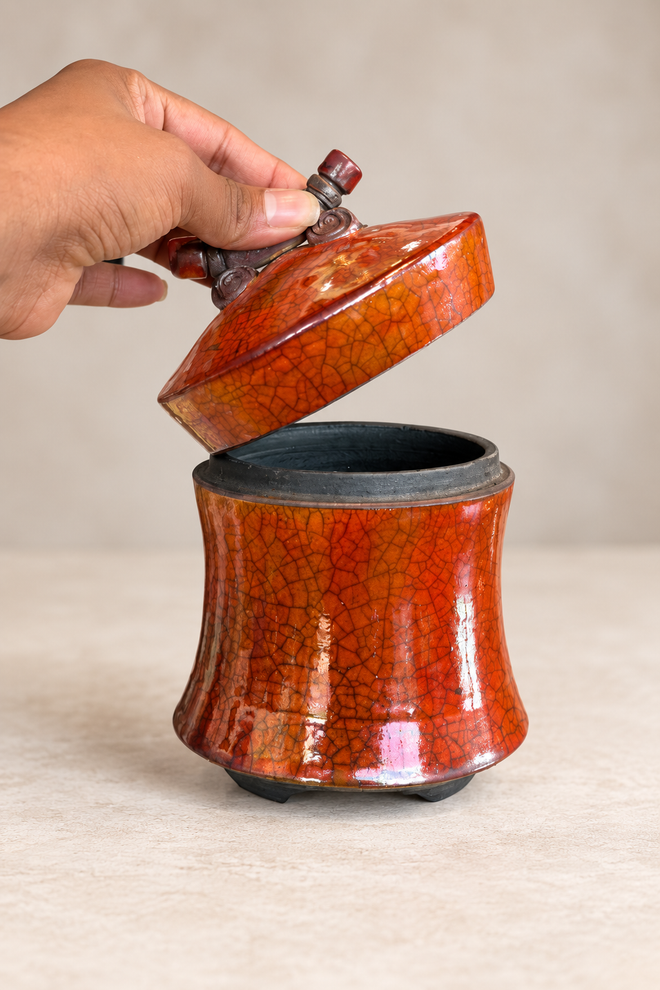 Handmade ferric chloride raku ceramic lidded vessel with orange crackle finish