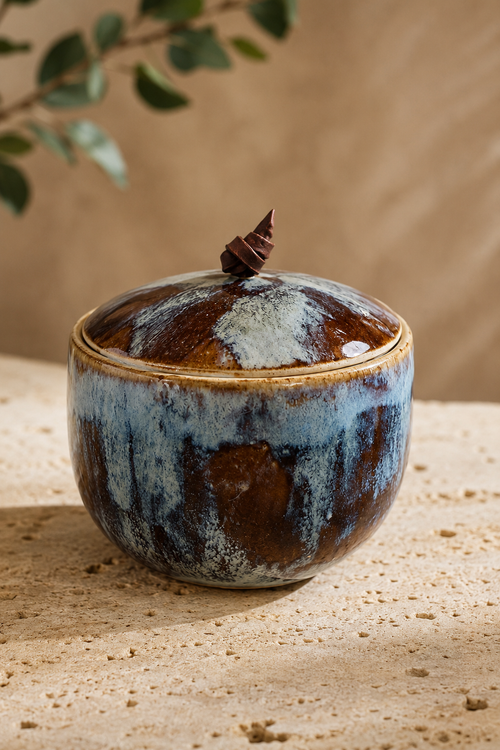 Handmade food safe ceramic lidded jar by Sari Green with blue and earthy brown glaze