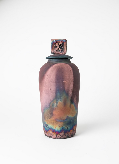 12-inch Tall Raku Ceramic Pot with Lid