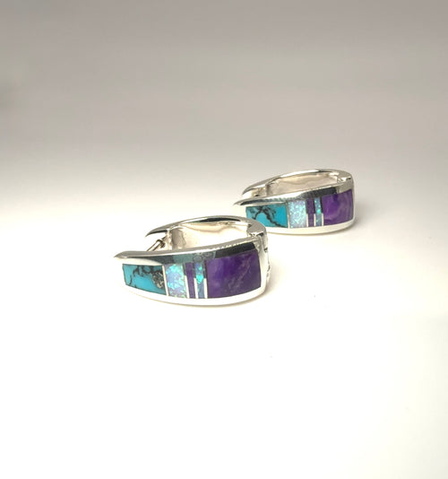 Turquoise, Opal & Sugilite Huggies Earrings - Navajo Handmade