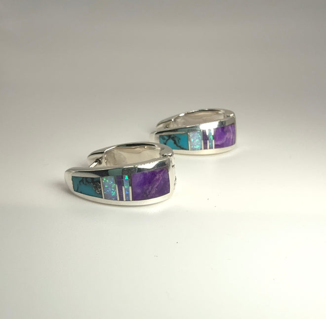 Turquoise, Opal & Sugilite Huggies Earrings - Navajo Handmade