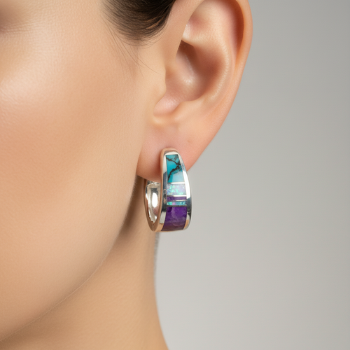 Turquoise, Opal & Sugilite Huggies Earrings - Navajo Handmade