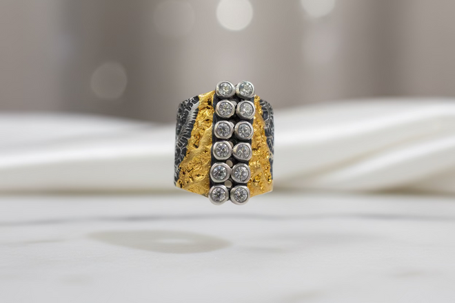 Handmade Ring in Textured Sterling Silver with 24-Carat Gold