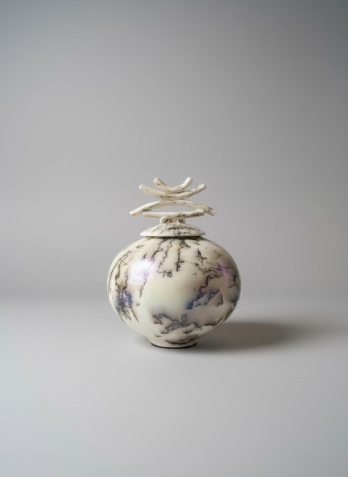 White Horsehair Raku Vessel with Lid – Opalescent Glazed Ceramic Vessel by Bob Smith