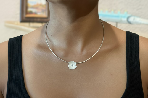 Silver Petal Choker Necklace with Cubic Zirconia (Large)