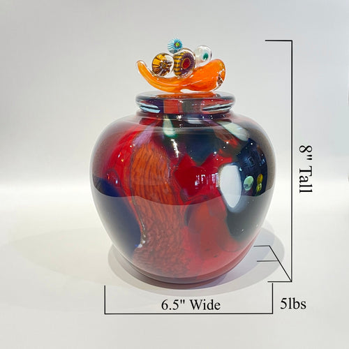 Dark Red Accent Handblown Glass Lidded Vessel by Jon Oaks
