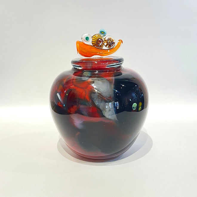 Dark Red Accent Handblown Glass Lidded Vessel by Jon Oaks