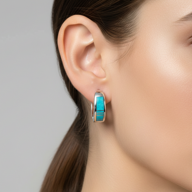 Authentic Navajo Arizona Blue Kingman Turquoise Huggie Earrings | Sterling Silver