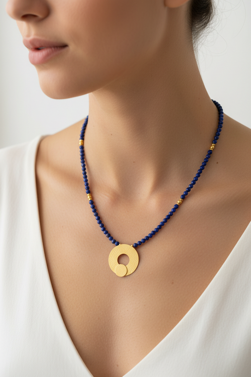 Lapis Lazuli Beaded Necklace - Gold Pendent