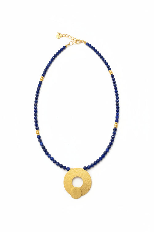 Lapis Lazuli Beaded Necklace - Gold Pendent