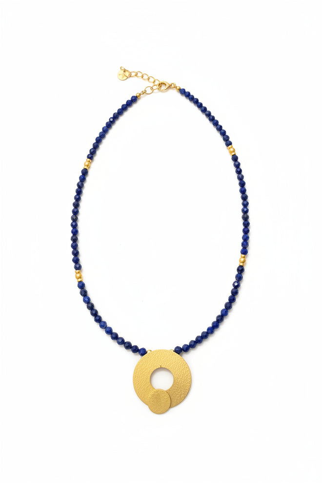 Lapis Lazuli Beaded Necklace - Gold Pendent