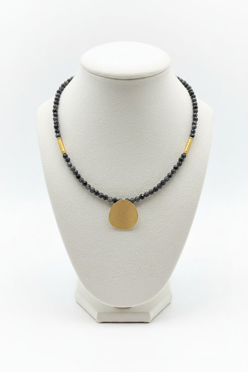 Larvikite Beaded Necklace with Round Curved Golden Pendent
