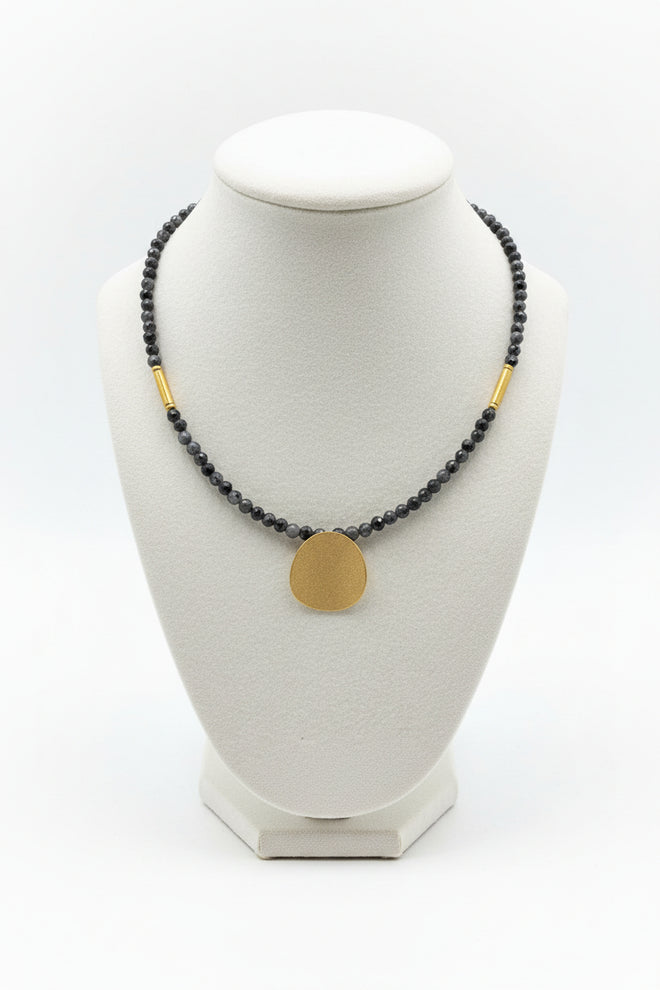 Larvikite Beaded Necklace with Round Curved Golden Pendent