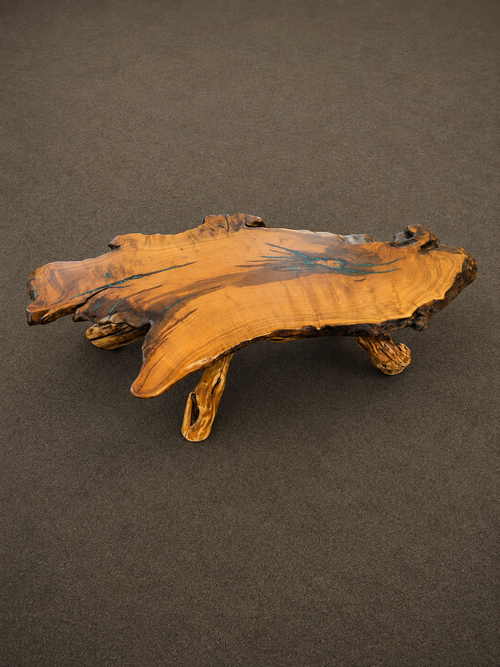 One-of-a-Kind Live Edge Mesquite Coffee Table with Turquoise & Copper Inlay – Handmade in Arizona