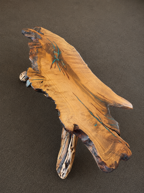 One-of-a-Kind Live Edge Mesquite Coffee Table with Turquoise & Copper Inlay – Handmade in Arizona