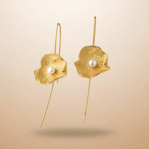 Gold Petal Earrings with Freshwater Pearl — Handmade Sterling Silver Long Drop Earrings