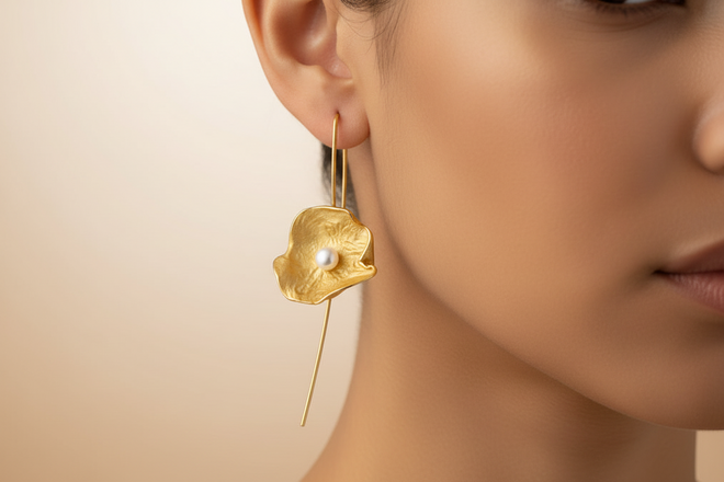 Gold Petal Earrings with Freshwater Pearl — Handmade Sterling Silver Long Drop Earrings
