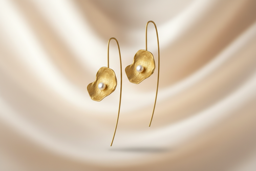 Gold Petal Earrings with Freshwater Pearl — Handmade Sterling Silver Long Drop Earrings