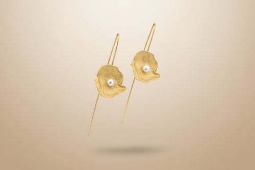 Gold Petal Earrings with Freshwater Pearl — Handmade Sterling Silver Long Drop Earrings