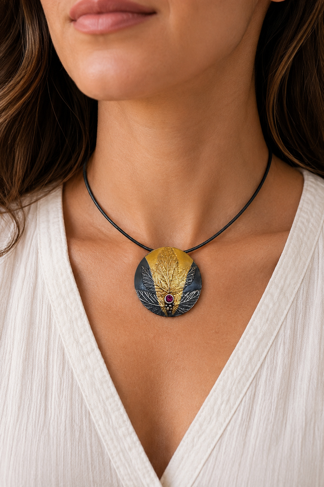 Luxury handmade ruby pendant necklace artisan fine jewelry crafted in Arizona available at Raku Gallery
 in Jerome Arizona