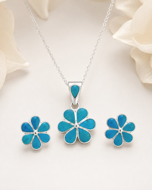 Matching Set of Turquoise color Flower Necklace and Earrings 