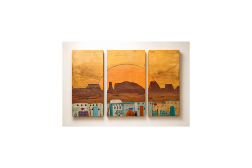 Adobe Panorama Triptych – Original Hand-Carved Southwest Wall Art by Michael Lawrence Casey | 40" × 60"