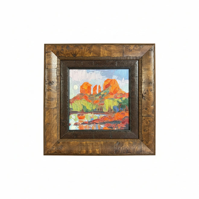 Moon Glow Cathedral Rock Sedona oil painting by Russell Johnson framed in burl wood