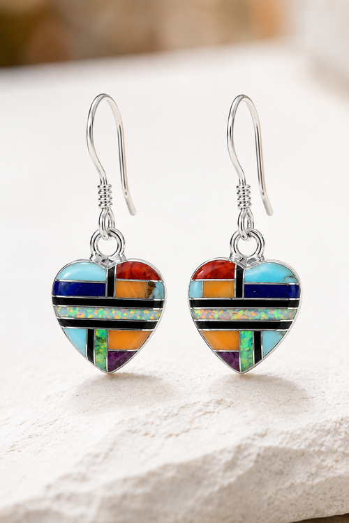 Sterling Silver Heart Earrings with Newlander Turquoise, Spiny Oyster, Lapis, Opal, Gaspeite, Sugilite & Black Jade