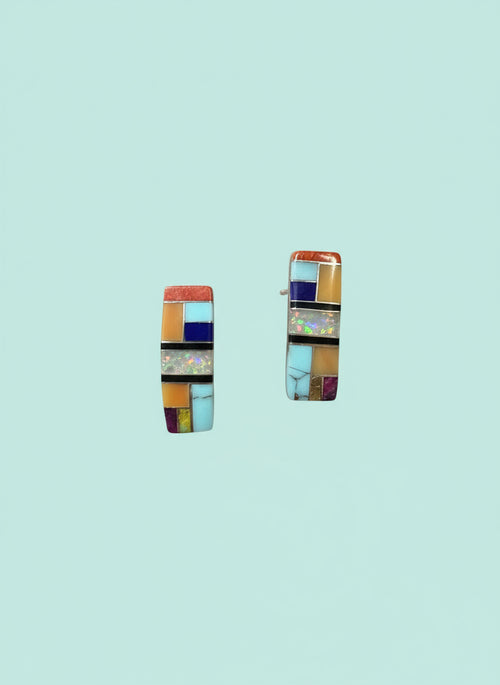 Rectangular Multi Stone Post Earrings - Spiny Oyster, Turquoise, Lapis, Black Jade, Sugilite & Gaspeite