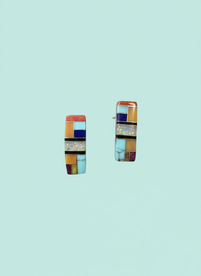 Rectangular Multi Stone Post Earrings - Spiny Oyster, Turquoise, Lapis, Black Jade, Sugilite & Gaspeite