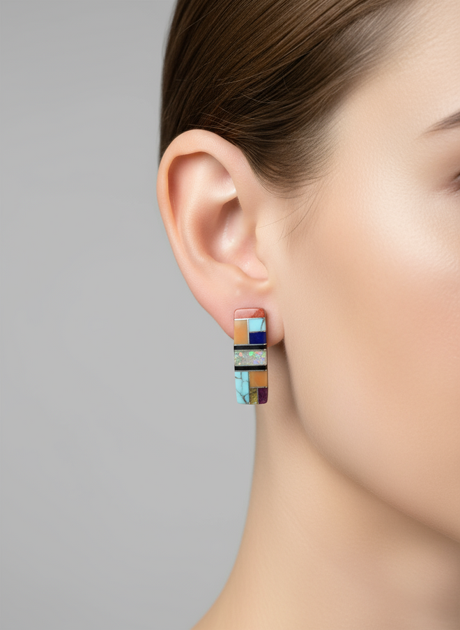 Rectangular Multi Stone Post Earrings - Spiny Oyster, Turquoise, Lapis, Black Jade, Sugilite & Gaspeite