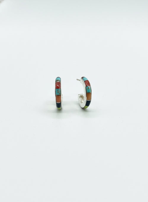 Multi Stone Small Half Hoops Earrings