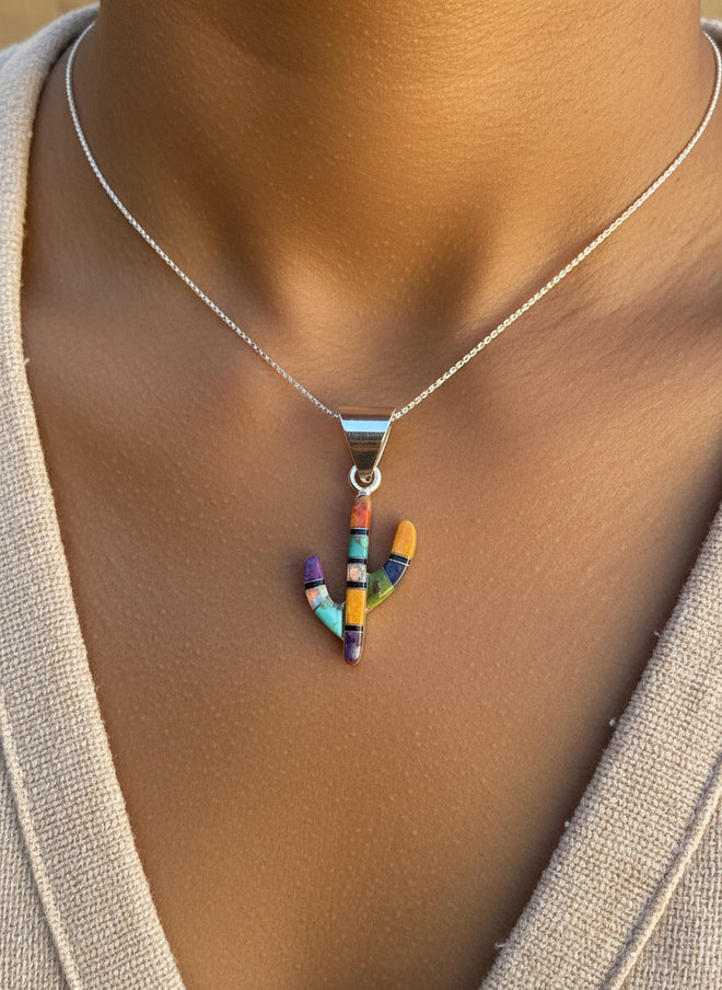 Multi Stone Cactus Pendent - Double Sided