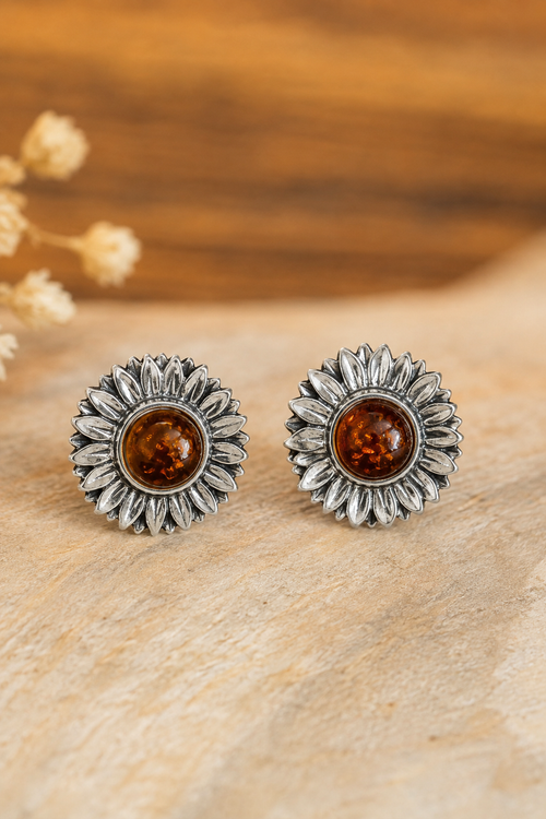 Natural Amber Sunflower Post Stud Earrings