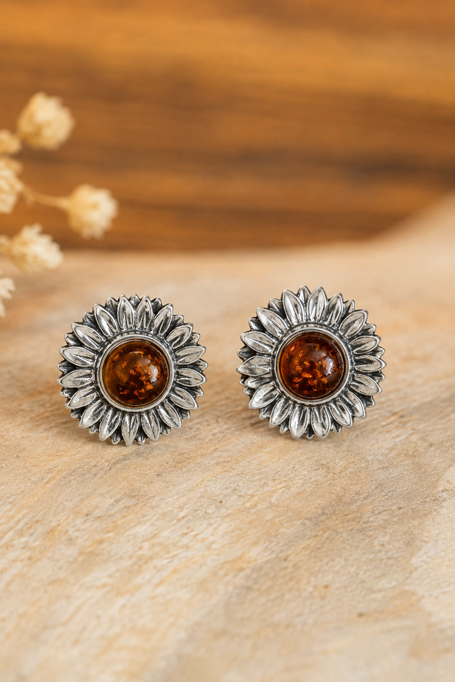 Natural Amber Sunflower Post Stud Earrings