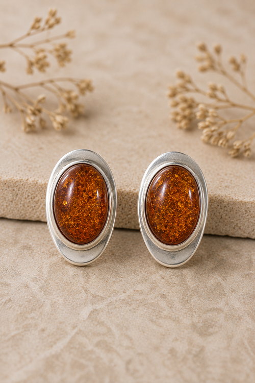 Natural Baltic Amber Oval Post Stud Earrings