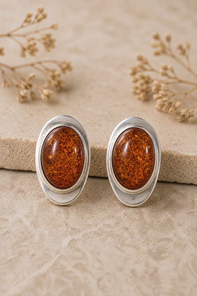Natural Baltic Amber Oval Post Stud Earrings