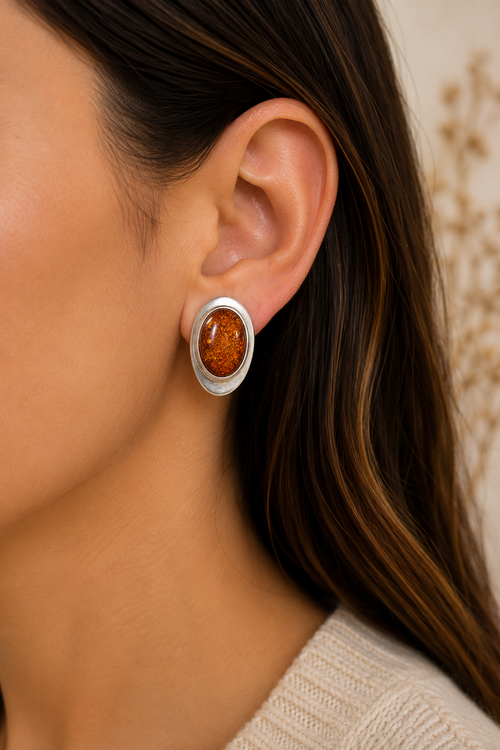 Natural Baltic Amber Oval Post Stud Earrings on Model