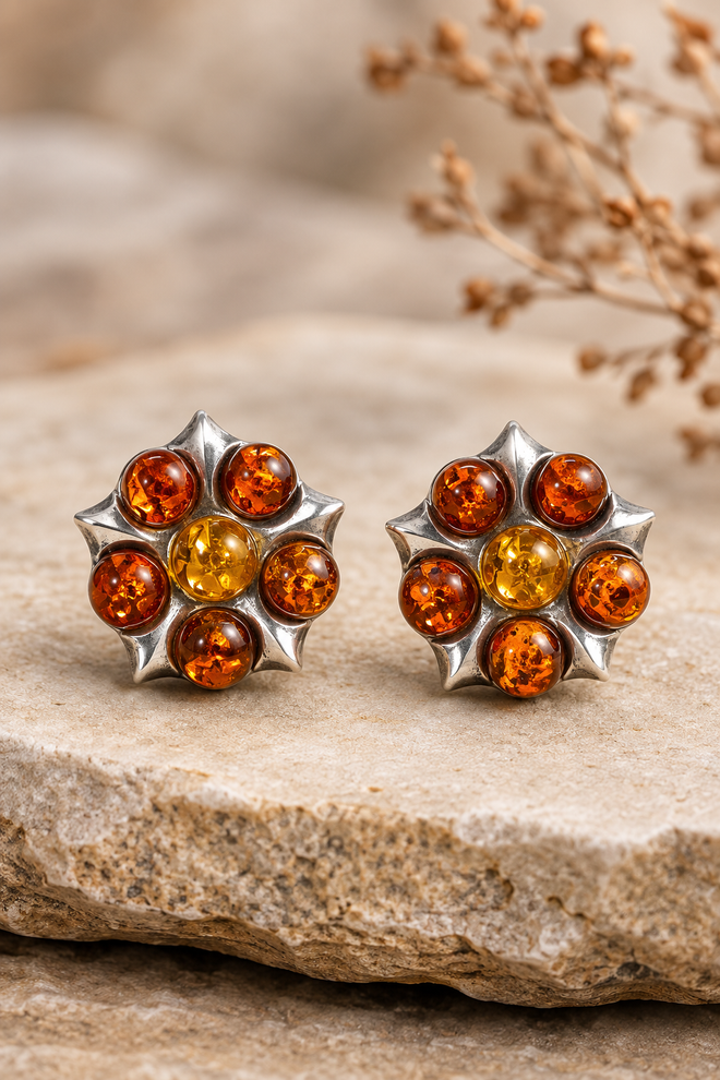 Natural Baltic amber flower stud earrings in sterling silver