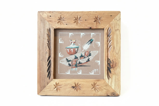 Wedding basket (Sand Painting) by Navajo Artist Ben Mitchell 17x17 (framed)
