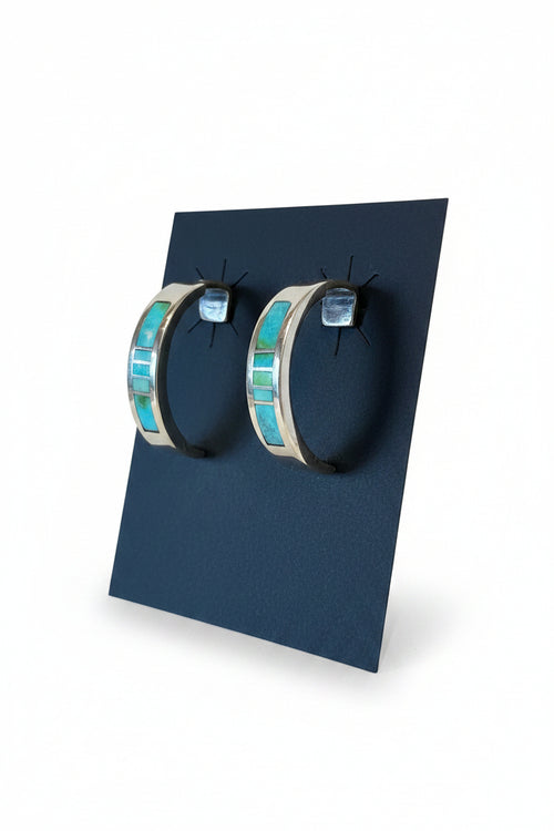 Sonoran Turquoise Sterling Silver Half Hoop Post Earrings - Navajo Handmade