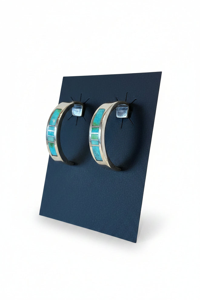 Sonoran Turquoise Sterling Silver Half Hoop Post Earrings - Navajo Handmade