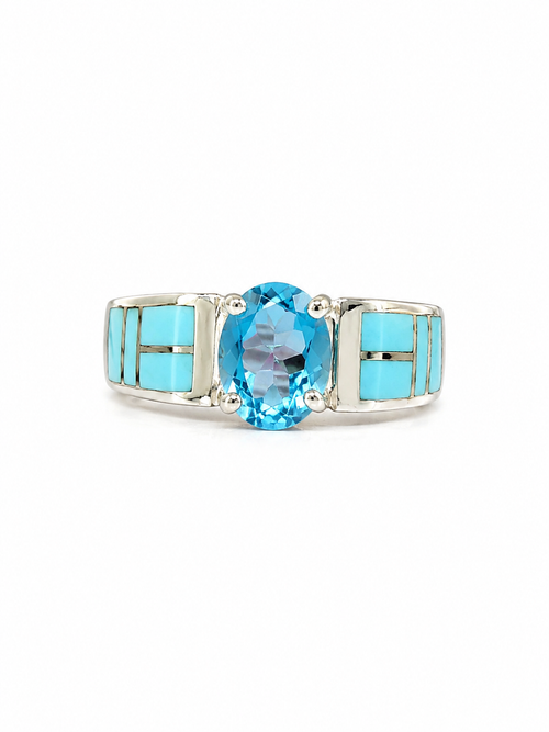 Handmade Navajo Kingman Turquoise & Blue Topaz Sterling Silver Ring